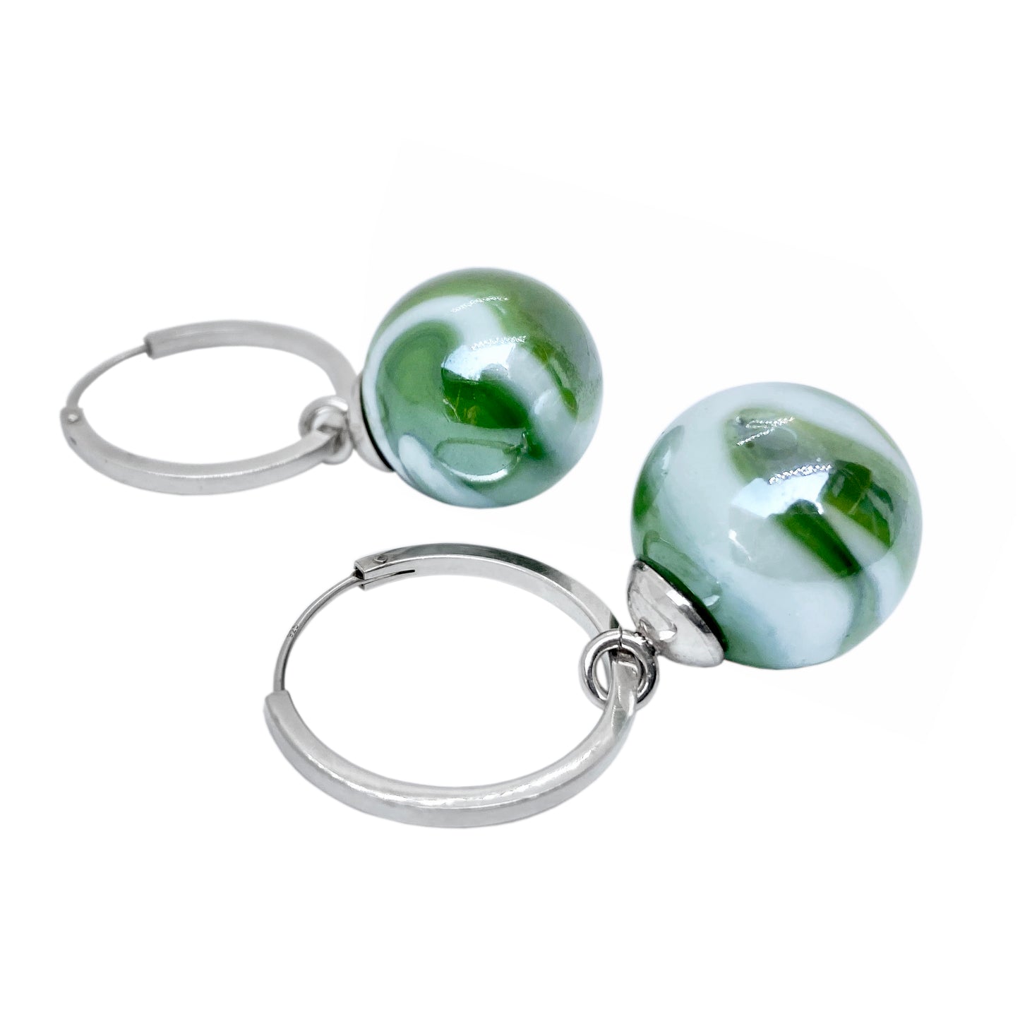 Green and white 16mm blown-glass marble with 20mm sterling silver creol hoop